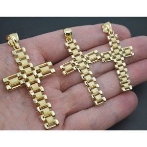 Real 10K Solid Yellow Gold Rlx Railroad Cross Crucifix Texture Pendant All Sizes